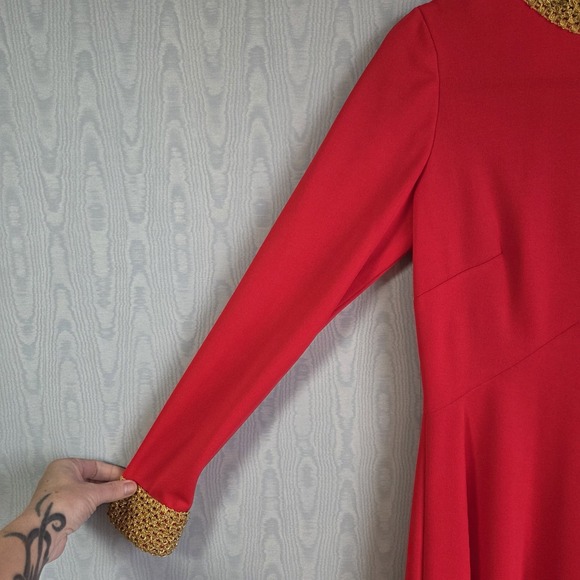 Vtg 60s 70s‎ Medium High Neck Red Gold Trim Gown Dress Holiday Formal Retro Mod - Picture 4 of 10